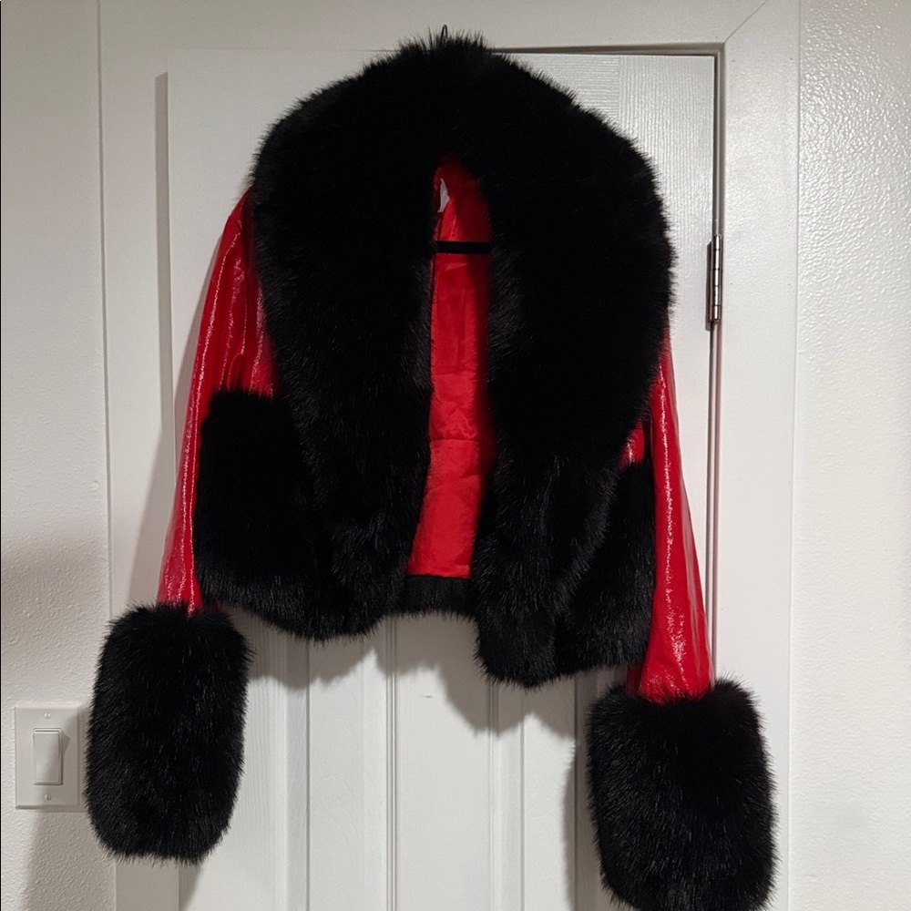 Lovers + Friends Black and Red Faux Fur Jacket